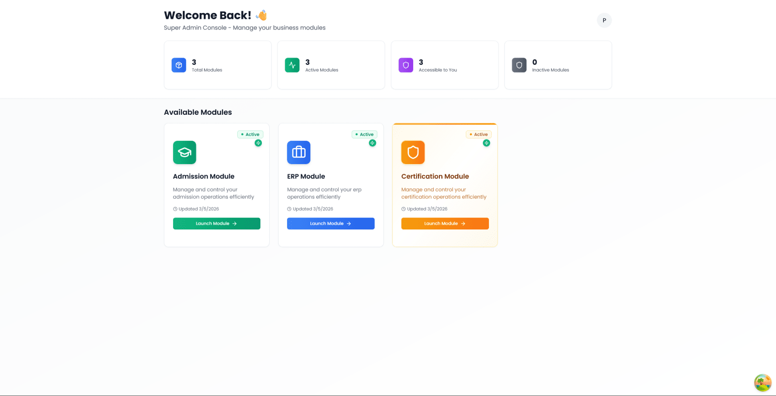 College ERP: Module selector