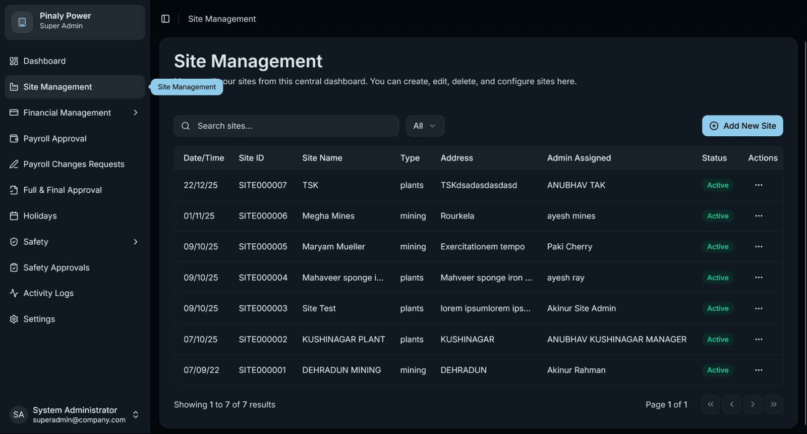 Pinaly Power ERP: Site management